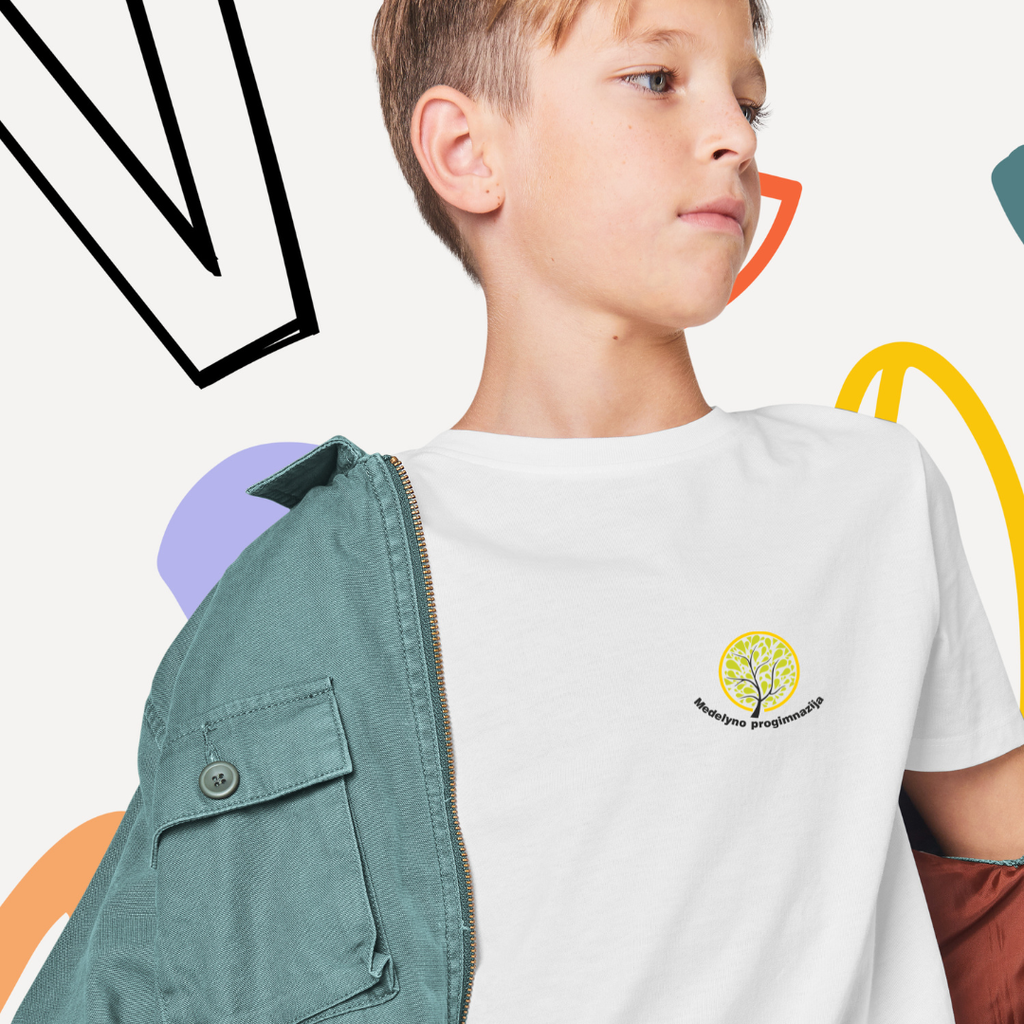 Balti marskineliai su logotipu vaikams i mokykla