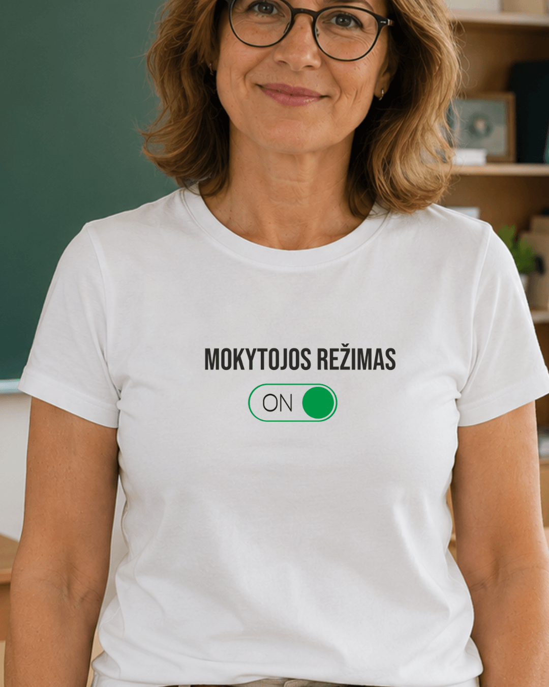 "Mokytojos režimas ON" marškinėliai — kai perjungimo mygtuko nėra - Spaudikė