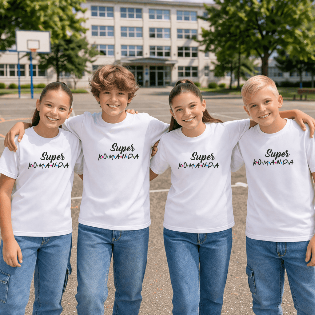 Vaikiški marškinėliai su užrašu Super KOMANDA - Spaudikė